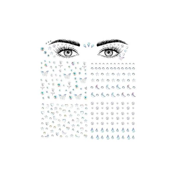 Face Gems Self Adhesive Rhinestones Stick On for Hair Makeup Stickers Face,Eyes,Nail Pearls Star Tattoos Women, Girls (4 Sheets)
