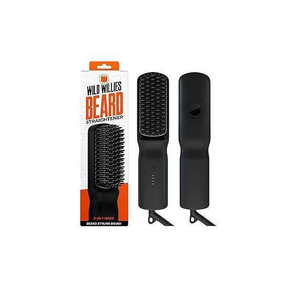 Wild Willies Beard Straightener for Men - 3 Temperature Settings, Tourmaline Ceramic Heated Brush & Hot Comb Portable, Ionic Technology, Coarse Curly Hair, 400F Grooming Tool