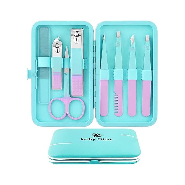 Tweezers Set and Nail Clippers 8Pcs Precision No Gaps Eyebrow Tweezer Kit for Facial Hair Men & Women Travel with Leather Case (Violet/Cyan)