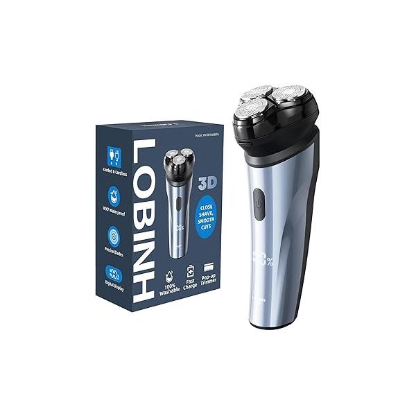 Electric Razor for Men, LOBINH 100% Washable Rechargeable Men's Rotary Shavers, Cordless Wet & Dry Shaver with Pop-up Trimmer, 1 Hour Fast Charging, 4D Floating Head, LCD Power Indicator