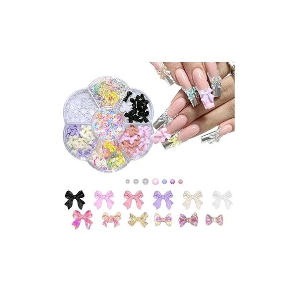 KWOLYKIM Bow Nail Charm, 3D Golden Metal Alloy Bow-Knot Art Accessories White Pearls Rhinestones Gold Caviar Beads Gem Jewelry Cute Ribbon Decoration Manicure DIY Craft