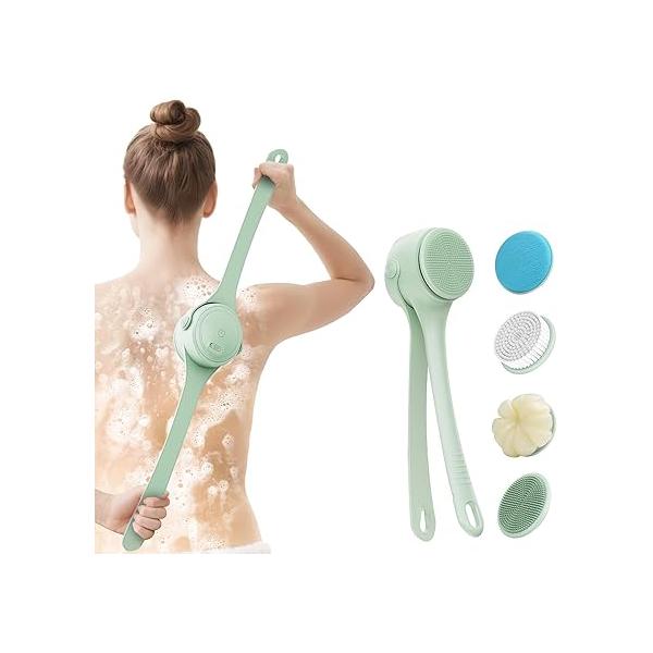 Electric Body Brush Back Scrubber for Shower - Waterproof Dual-Speed Bath Long Handle with 4 Heads, Rechargeable Silicone Cleansing, Exfoliating and Massaging Skin Apricot