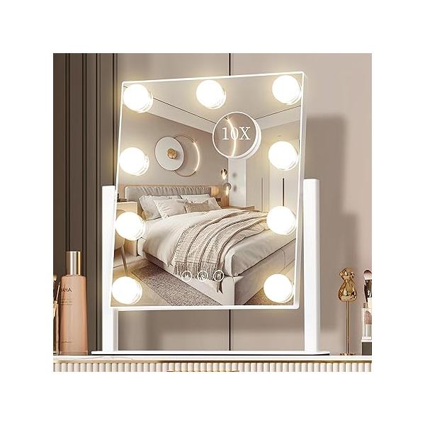 Vanity Mirror with Lights, Makeup Lights,3 Color Lighting Modes Detachable 10X Magnification Touch Control,360°Rotation, White.