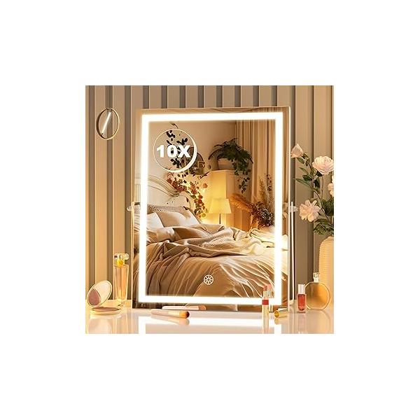 Hasipu Vanity Mirror with Lights, 10.6" x 13.8" LED Makeup 10X Magnification, Smart Touch 3 Colors Dimmable, Brightness Adjustment, 360° Rotation, White
