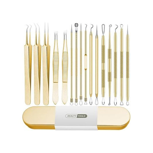 Blackhead Remover Tool, 16 PCS Pimple Popper Tool Kit, Tweezers Set for Eyebrows Hair Removal Blemish Acne Comedones Extractor Whitehead Cyst Nose Face Beauty Tools (Golden)