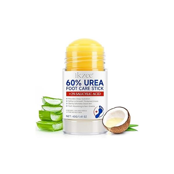 Urea Cream Stick 60% plus 2% Salicylic Acid for Feet Maximum Strength, Foot Lotion Rough Thick Dry & Cracked Skin, with Coconut Oil, Green Tea Extract, Tree and Aloe Vera