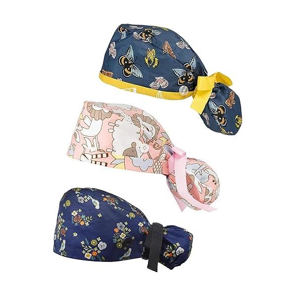 Surgery Cap Bouffant Caps Working with Buttons and Ribbon Tie for Women, Long Hair