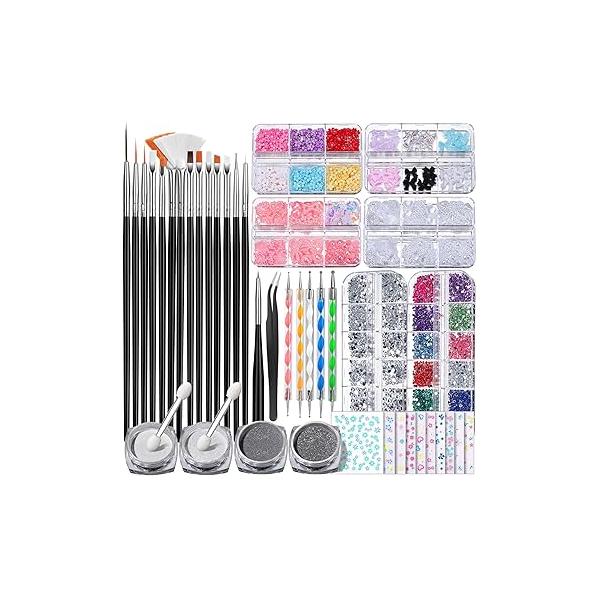 FANDAMEI Nail Art Brushes Set, Kits, 3D Charms Design Tools Kit, Set for Beginners ,Nail Dotting Tool, Rhinestones,Chrome Powder,Nail Stickers Decoration Kit
