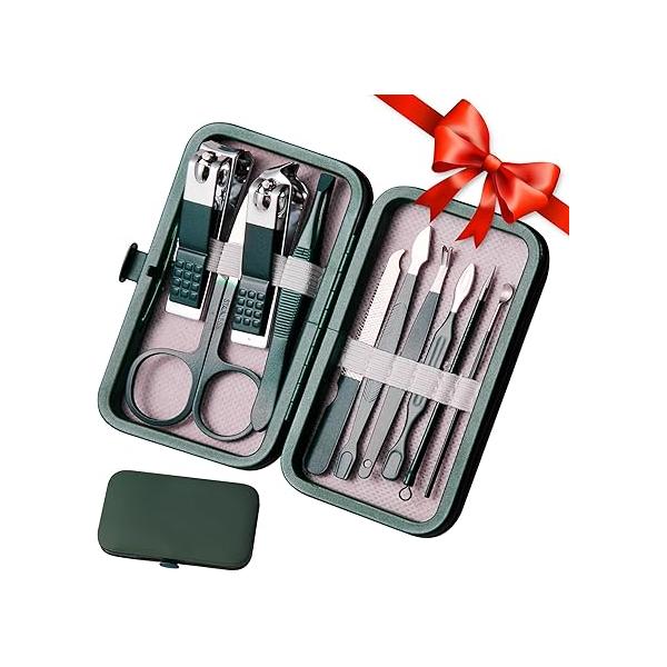 Manicure Set 10 in 1 Stainless Steel Nail Clippers Kit Gifts for Men and Women, Mens Travel Grooming Kits with Leather Case Dark Green
