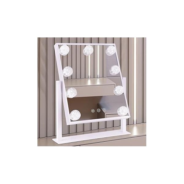 Lighted Makeup Mirror Hollywood Vanity with Lights, Touch Control Design 3 Colors Dimable LED Bulbs, Detachable 10X Magnification, 360°Rotation, (White) 12" L x 14" W
