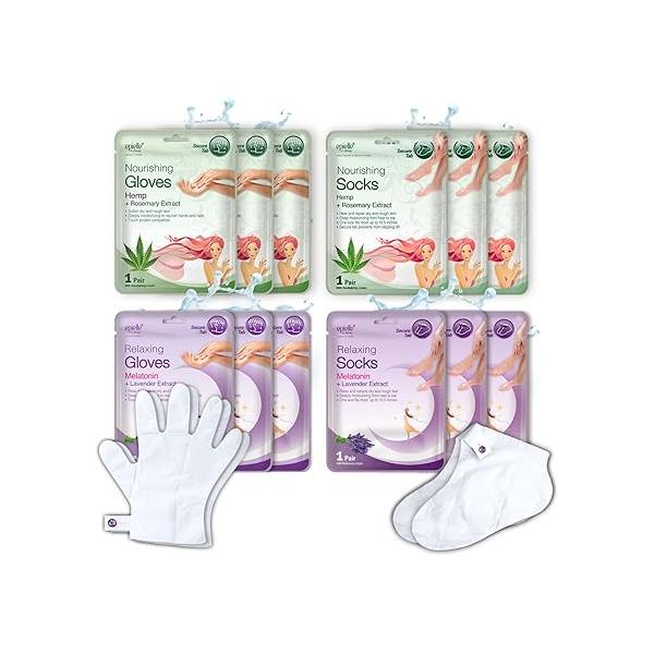 Epielle Relaxing & Nourishing Hand Foot Masks 12 Pairs, Repair and Relax Dry Hands Cracked Heels with Lavender Extract Hemp, Korean Skin Care, Spa Self Care Gifts for Women, 6 Gloves Socks