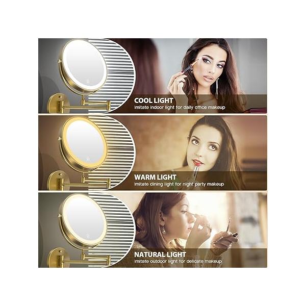 Wall Mounted Lighted Makeup Mirror, 8" Rechargeable Double-Sided Light up Magnifying Mirror 1x/10x, 3 Colors Led Vanity with Lights, Touch Dimmable 360° Rotation Foldable