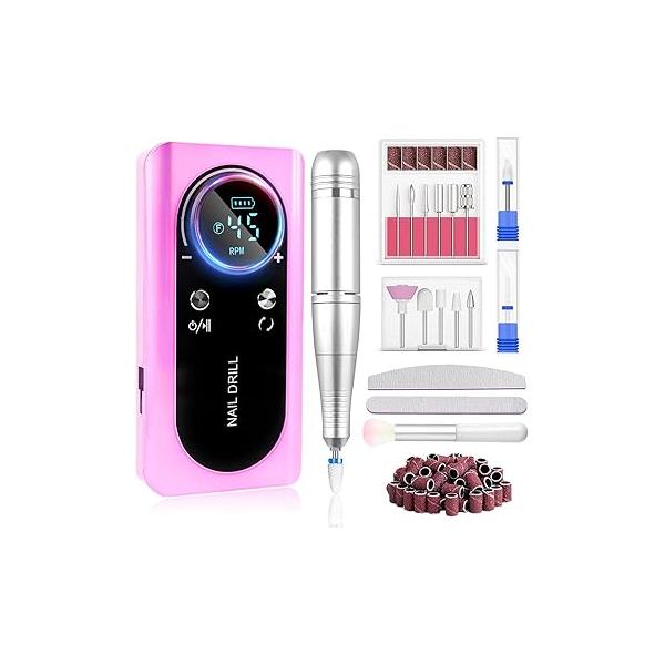 Portable Electric Nail Drill LEDSUUEI: 45000 RPM Professional File Machine for Acrylic Nails Gel Polishing Removing, Manicure Salon Home,Pink