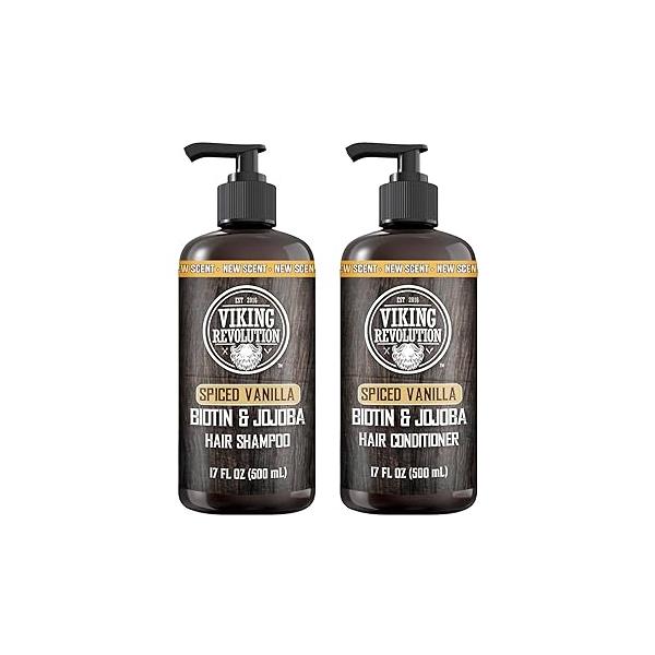 Viking Revolution Spiced Vanilla Mens Shampoo and Conditioner Set with Biotin Jojoba Oil - Natural Hair for Men Vitamin B5 Thinning (17Oz)