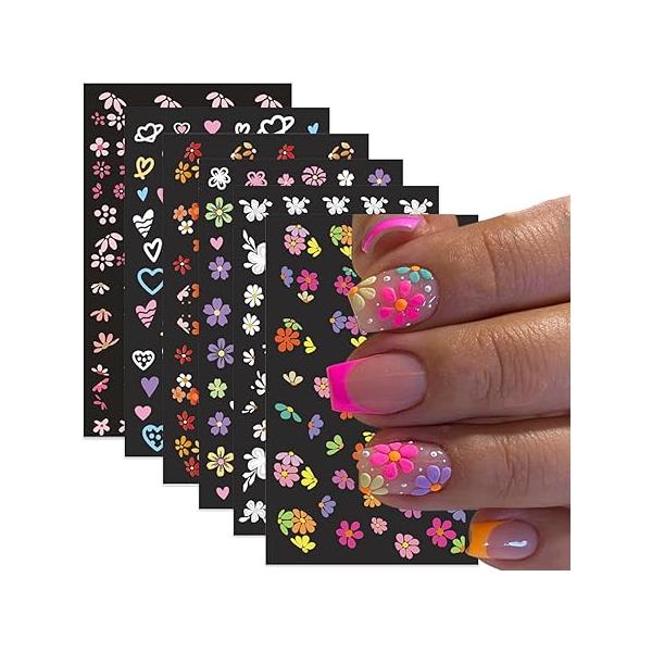Flower Nail Art Stickers Summer Floral Decals White Color Heart Daisy Pink Accessories Decorations for Women Girls 6Pcs