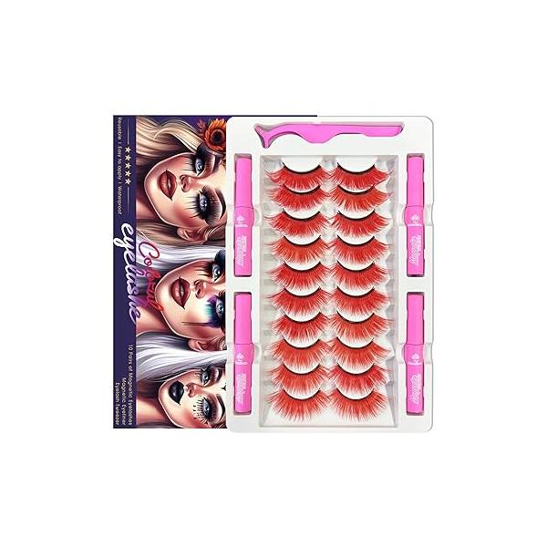 Color Magnetic Eyelashes Colored for Halloween Party Cosplay Makeup Kit,10 Pairs Cat Eye Lashes with Eyeliner, Full Volume Red Look 18-23MM Fake Eyelash Cruelty-Free