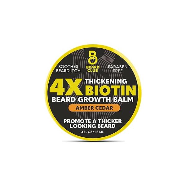 The Beard Club Biotin Balm for Men - Growth Shea Butter with Castor & Coconut Oil Moisturizing, Hydrating and Softening Cream Amber Cedar Scent 4 oz