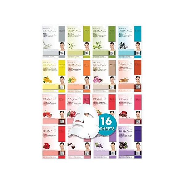 DERMAL Korean Collagen Face Mask - Hydrating & Soothing Sheet with Panthenol Hypoallergenic Calming Moisture Care for All Skin Types 16 Combo Pack A