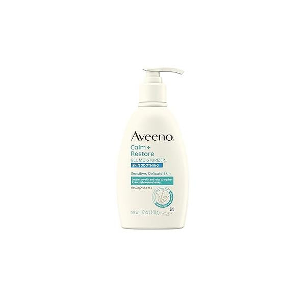 Aveeno Calm + Restore Body Moisturizer Gel for Sensitive Skin, Lightweight to Help Heal Dry Skin with Aloe Vera, Prebiotic Oat and Pro-Vitamin B5, Fragrance Free, 12 OZ