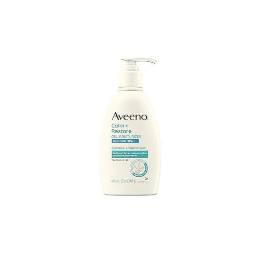 Aveeno Calm + Restore Body Moisturizer Gel for Sensitive Skin, Lightweight to Help Heal Dry Skin with Aloe Vera, Prebiotic Oat and Pro-Vitamin B5, Fragrance Free, 12 OZ