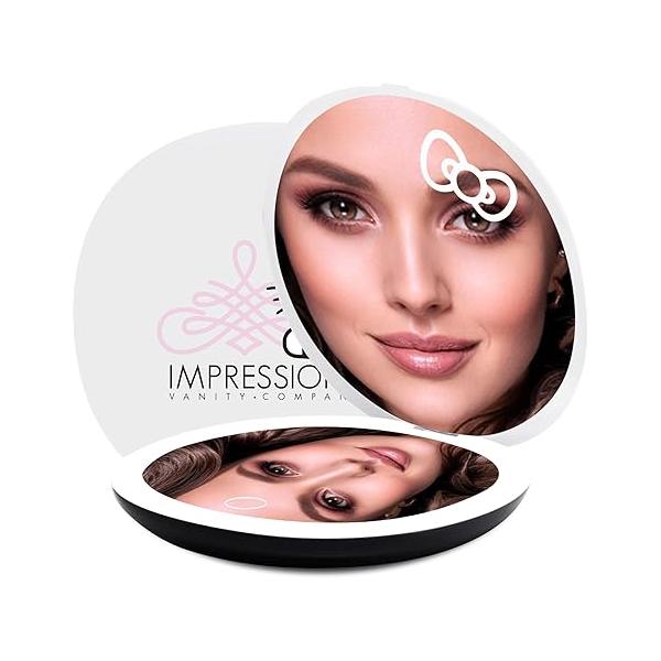 Impressions Vanity Hello Kitty Swirl Compact Mirror with Light, Double Sided Cute Travel Makeup Magnification, Daylight LED Lighting and Adjustable Brightness (Pink)