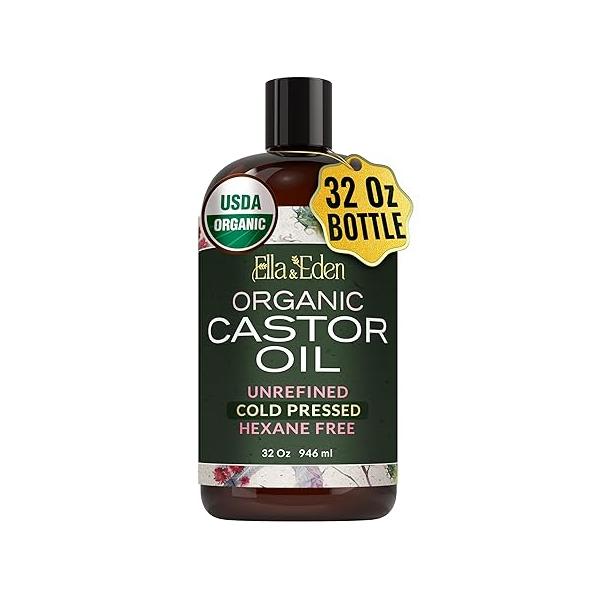 Ella & Eden Organic Castor Oil for Hair Growth, Skin, Face Stomach | Cold-Pressed, Hexane-Free, USDA Certified, Unrefined 100% Pure - 32 fl oz