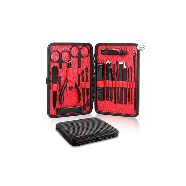 Manicure set, manicure set for men and women- premium stainless steel, Nail Scissors File Ear Pick Tweezers Nose Hair with Black Leather Travel Case SET 18P (Black)
