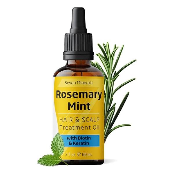 Seven Minerals Rosemary Oil for Hair Growth, Infused with Biotin, Keratin, Mint, and Natural Strengthening Oils Men & Women, 2 fl oz