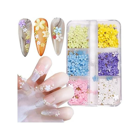3D Flowers Nail Charms, White Flower Decals for Acrylic Luxury Art Supplies Summer Spring Floret Five Petaled Pink Purple Resin Floral Charms DIY Decorations 6 Grids