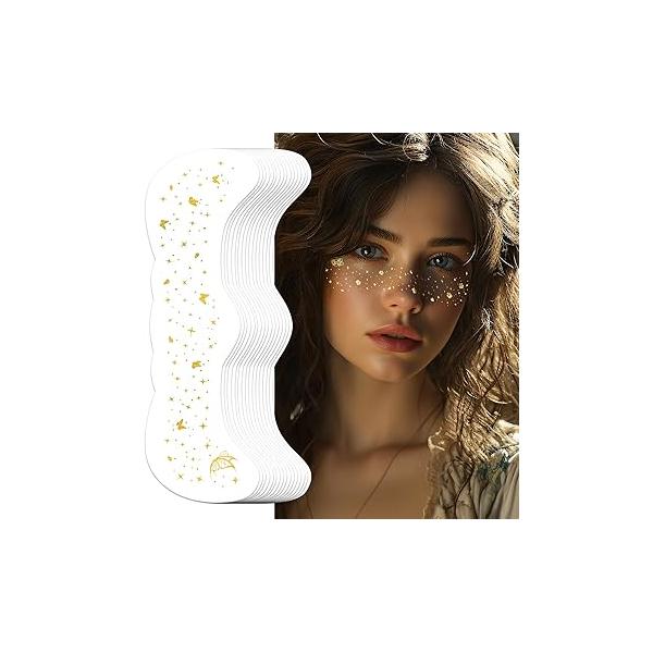 EMOME Glitter Freckles Face Tattoo, 16 PCS Gold Fake Star Faux Waterproof Sparkle Makeup Patches for Women, Kids, Girl