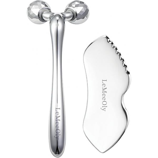 Gua Sha Facial Tools Stainless Steel & Face Roller Massager Skin Set, Metal Guasha Massage Tool Natural Care for Neck Body, Reduce Puffiness Remove Wrinkles, Gift Women