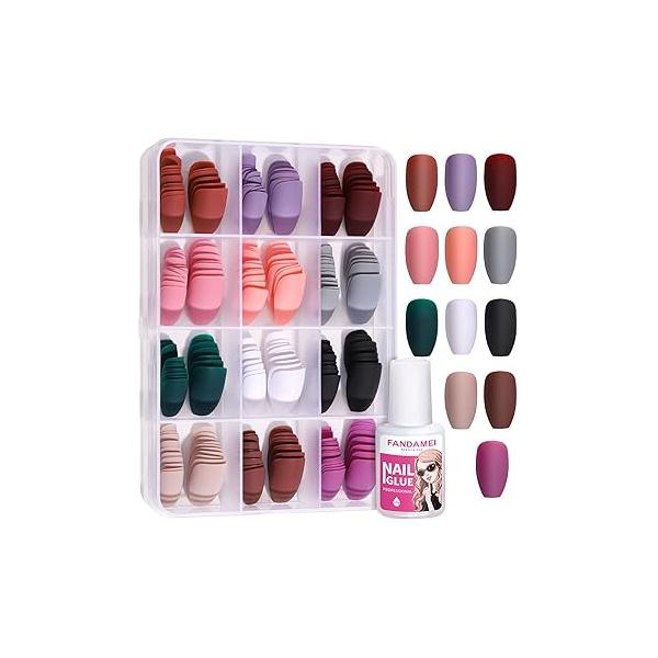FANDAMEI Press on Nails, 12 Packs 288PCS Matte Medium Almond Fake Nails Full Cover, Short Glue with 7g Nail Glue, Solid Color False for Art DIY
