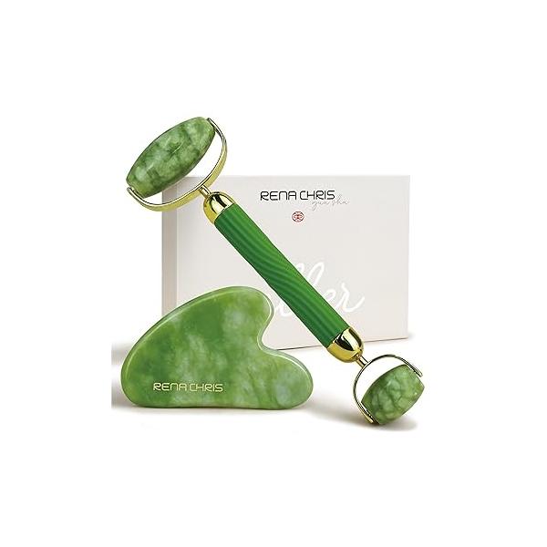 Rena Chris Gua Sha and Face Roller Set: Anti-Breakage Jade for Long-Lasting Use, Jawline Sculpting Puffiness Reducing, Facial Tools Self Care Gift (Green)