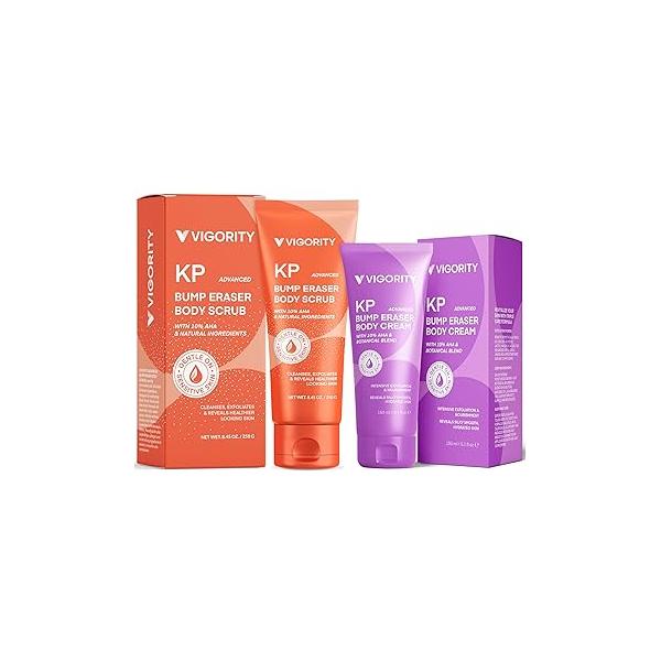 KP Bump Eraser Body Scrub & Keratosis Pilaris Lotion Bundle Set - Strawberry Legs Treatment for Women - Exfoliates Deeply Hydrates Smoother Healthy-Looking Skin