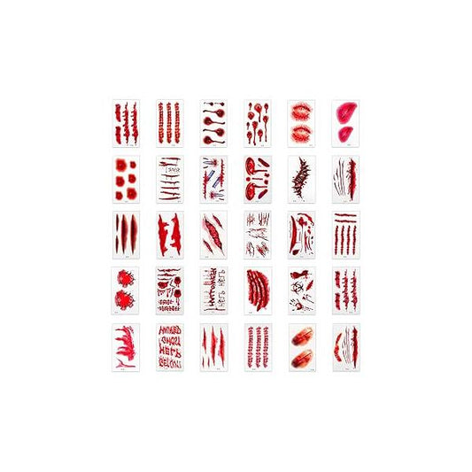 30 Sheets Halloween Scar Temporary Tattoos, Tattoo with Horror Fake Bloody Wound Realistic Waterproof Stickers for Party Cosplay
