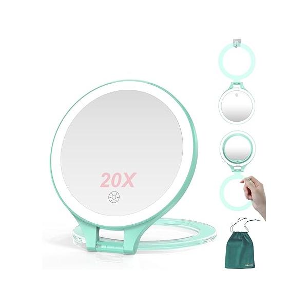 Mocado Travel Makeup Mirror with Light, 1X/20X Magnifying Double Sides 3 Color Dimmable Touch, 1500mAh Rechargeable Lighted Mirror(Pink)