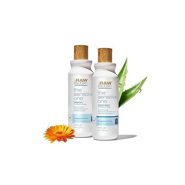 Raw Sugar Shampoo and Conditioner Set, The Sensitive One Hair Care Duo, 18 Fl Oz Each, Gently Cleanses, Soothes & Hydrates with Calendula Aloe, No Fragrance, Sulfates Parabens, Vegan
