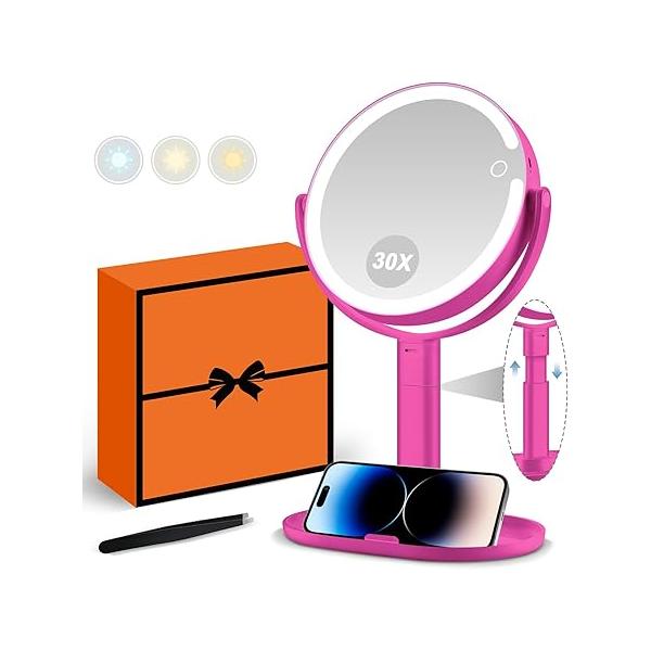 MIYADIVA Makeup Mirror with Lights, 30X Magnifying Light and Touch Switch, Vanity 3 Color 80 LEDs, Height Adjustable Desk Light, Black