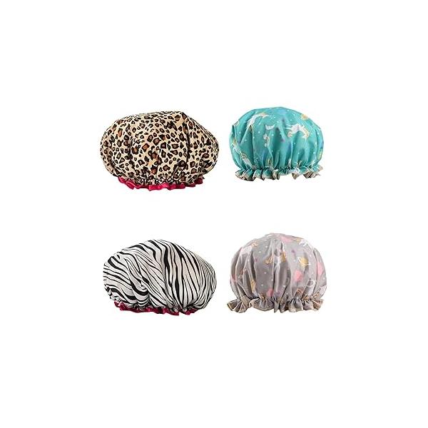 Shower Cap for Kids & Adults, Double Layer Waterproof Reusable Hat, Adjustable Elastic Bath Hair Washing, Bathing Spa Swimming 4 Pieces (Polka Dots Design)