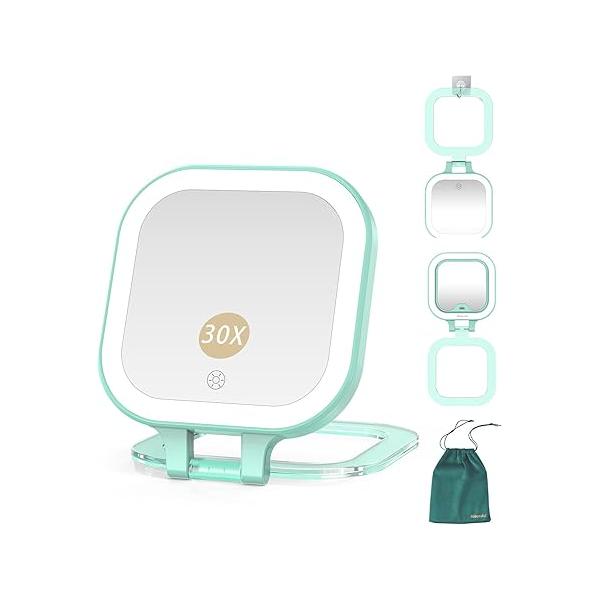 Mocado Compact Travel Makeup Mirror, 1X/30X Magnifying Mirror with Light, Double Sides 3 Color Dimmable Handheld Rechargeable for Purse,Pocket(Green)