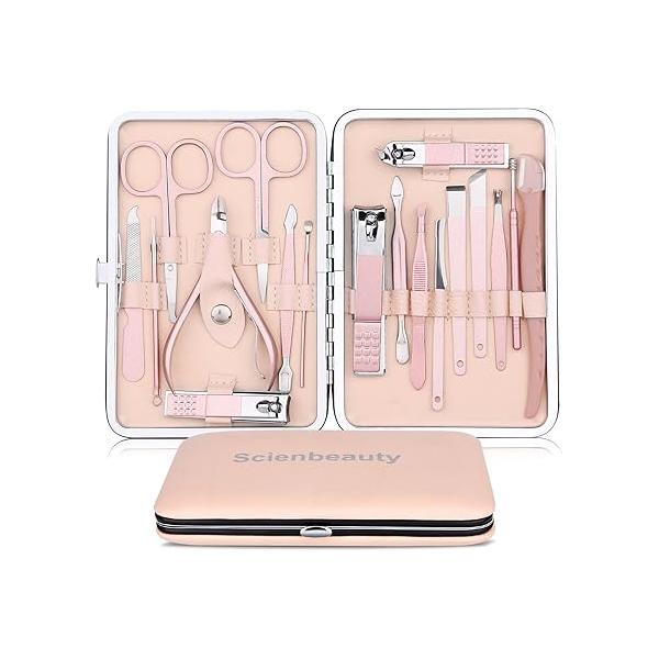 Manicure Set for Women by Scienbeauty Professional 18 in 1 Pedicure Kit Fingernails Toenails Grooming, Stainless Steel with Leather Case (Pink)