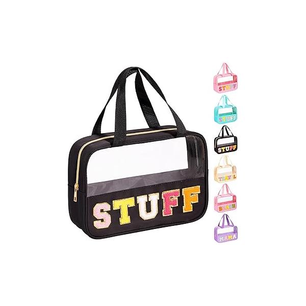 eurovicky Chenille Letter Patch Clear Makeup Bag, Preppy PVC&Nylon Bag with Handle and Zipper, Waterproof Large Travel Toiletry Storage for Women