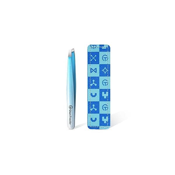 Expert Eyebrow Hair Removal Tweezer with Leather Case, GlamTweeler High Precision Slant Tip Stainless Steel Tweezers for Men and Women (Hot Pink)