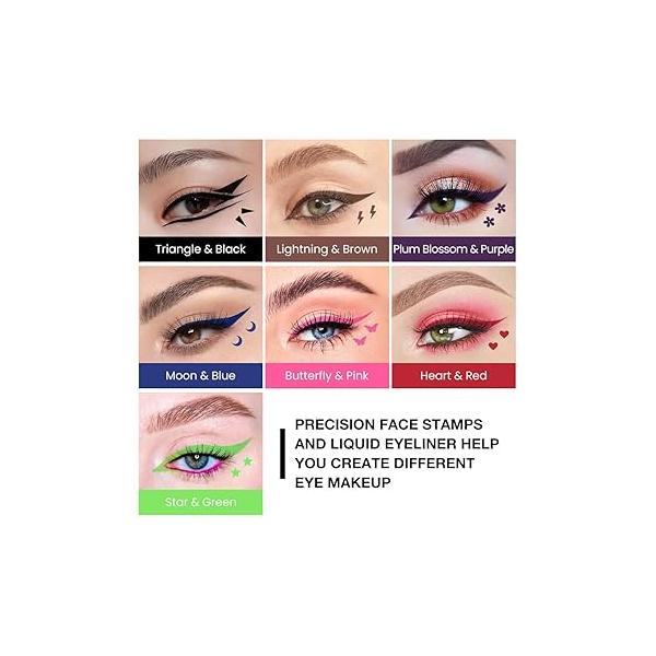 evpct 7Pcs Colored liquid Eye Liners Face Stamp Cosplay Gothic Makeup Set Kit for Beginners, Black Brown Purple Blue Red Pink Green Star Flowers Heart Moon Triangle Lightning Butterfly Stamps Eyeliner