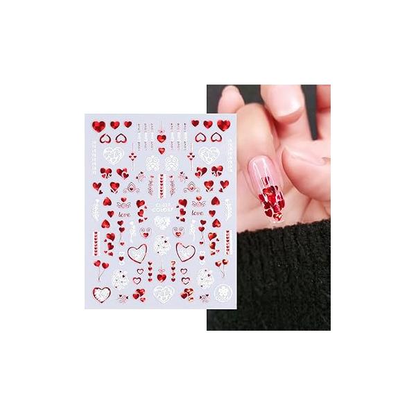 Valentine's Day Heart Nail Art Stickers Decals Acrylic White Laser Red Holographic Lover Romantic Lip Letter Slider Decoration Manicure Wedding Accessories for Women DIY Salon 9Sheets