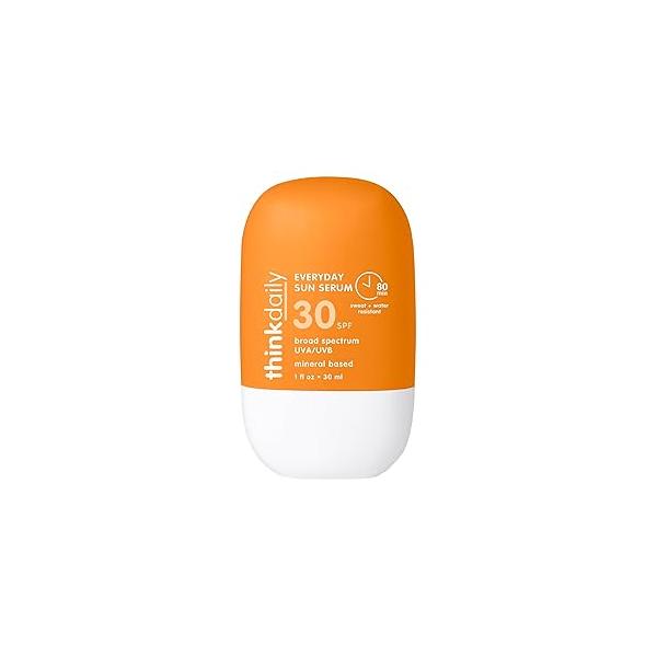 Thinkdaily SPF 30 Sunscreen, Everyday Sun Serum for Face, 1 Fl Oz, Zinc Oxide Mineral Sunblock, UVA/UVB Protection, Hydrating Jojoba Oil, Vitamin E & Aloe Vera, Non-Sticky, Travel Size
