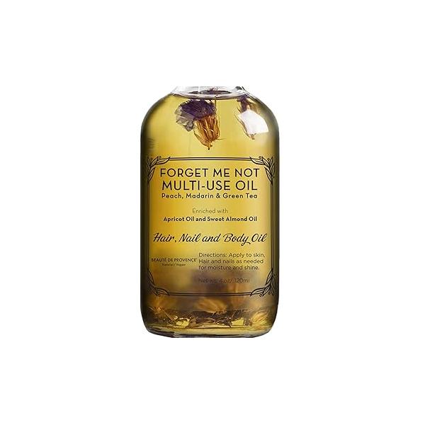 Multi-Use Oil for Face, Body and Hair - Forget Me Not Organic Blend of Apricot, Vitamin E Sweet Almond Moisturizer Dry Skin, Scalp Nails Peach, Mandarin Green Tea 4 Fl Oz