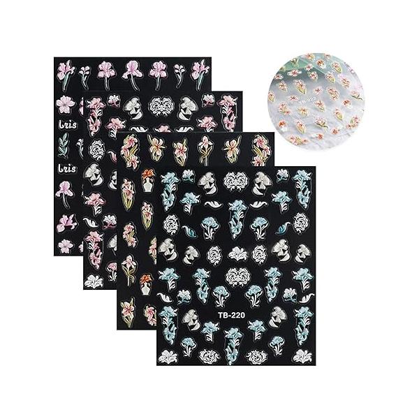 Flower Nail Art Stickers Summer Floral Decals White Color Heart Daisy Pink Accessories Decorations for Women Girls 6Pcs