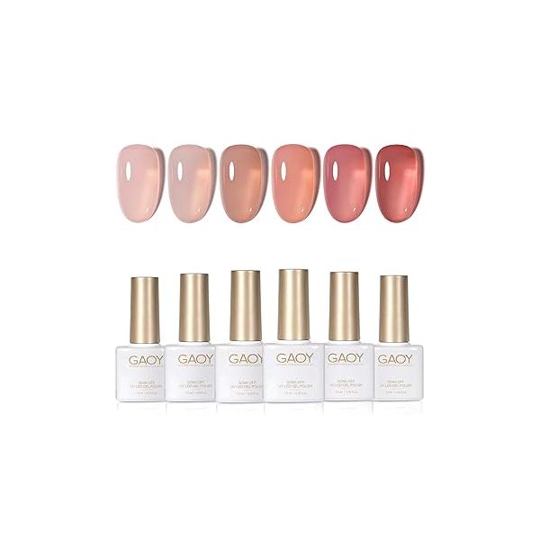 GAOY Jelly Nude Gel Nail Polish Set, 6 Transparent Colors Sheer Red Pink Brown Soak Off UV Light Cure Kit for Salon and Art DIY at Home