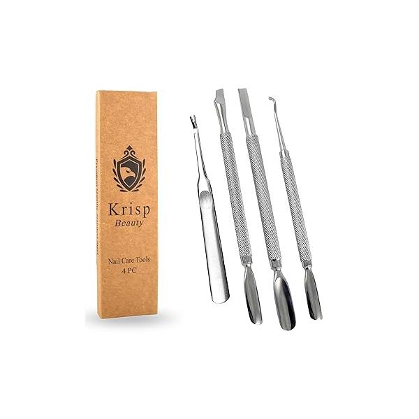 Cuticle Pusher Tools - Professional Nail Remover Trimmer Ingrown Toenail Lifter Cleaner Dual Sided Stainless Steel Manicure Pedicure Women 4 Pack Set Krisp Beauty